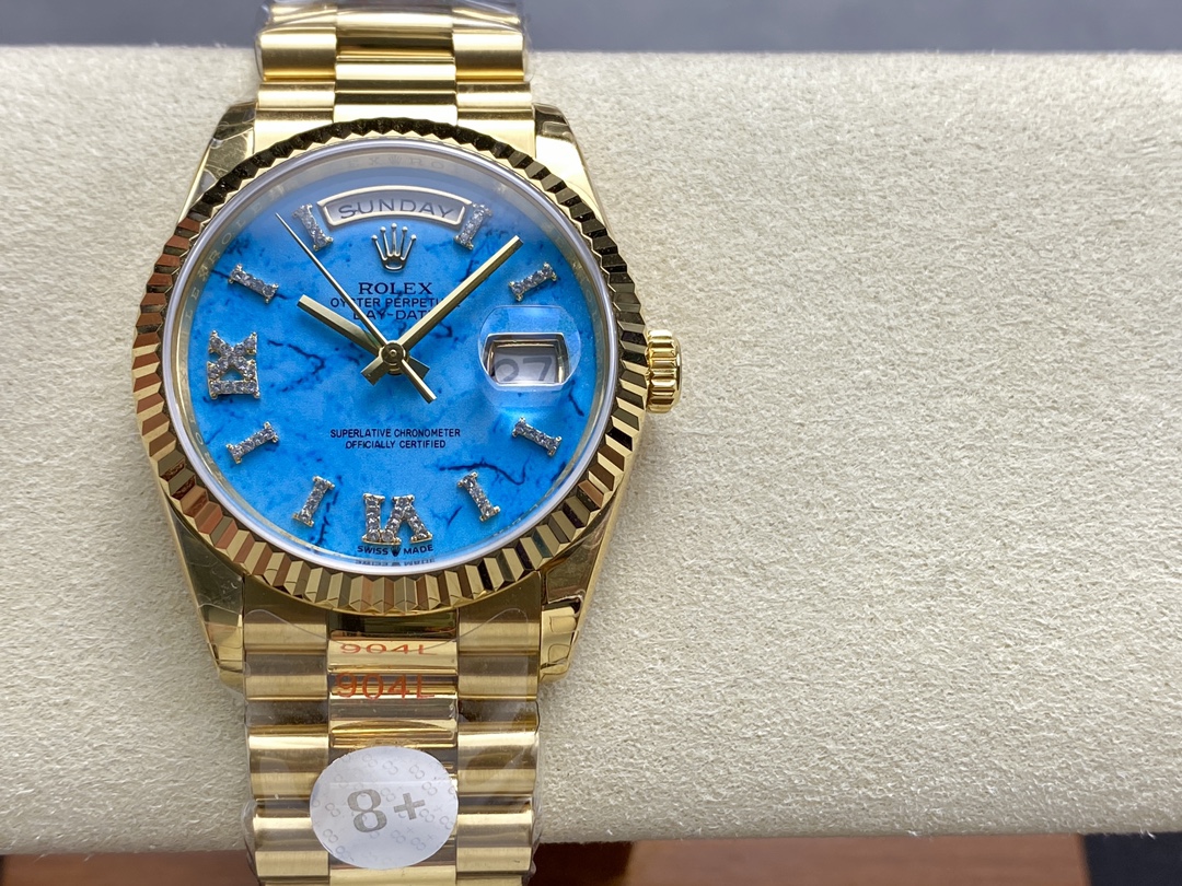 Rolex Day-Date 128238 Fluted Bezel Turquoise Diamond Dial 36MM Unisex Replica Watch